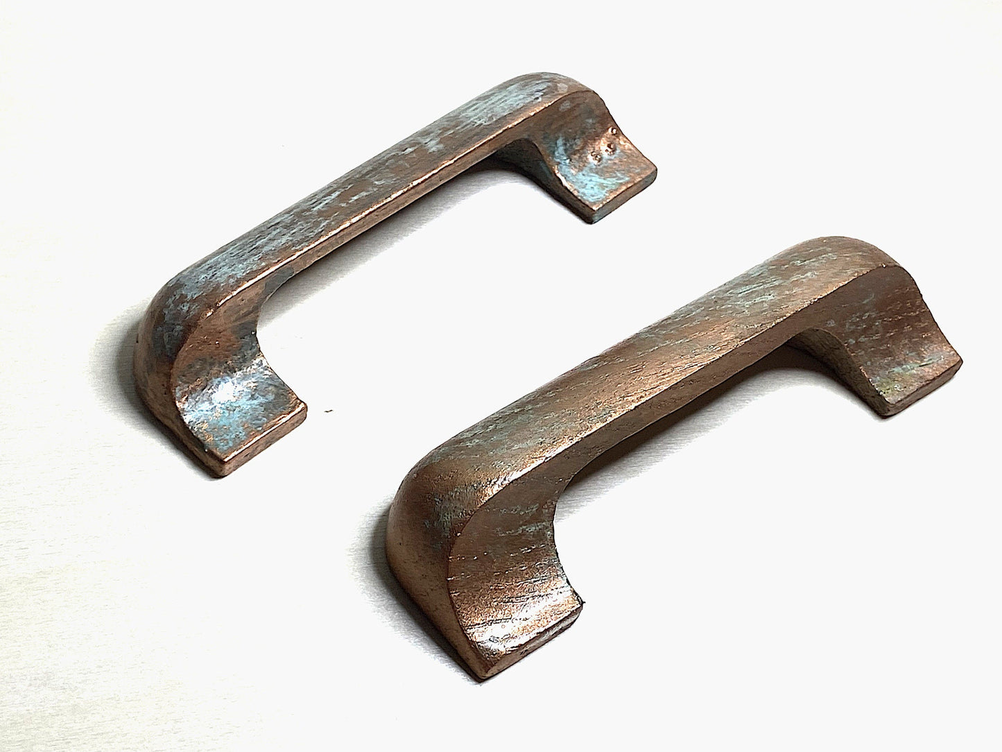 Verdigris Elegance: Hand-Painted Oak Cup Pulls with Faux Copper Finish, Blue/Green Patina | Perfect for Cabinets & Drawers, Kitchen Handles