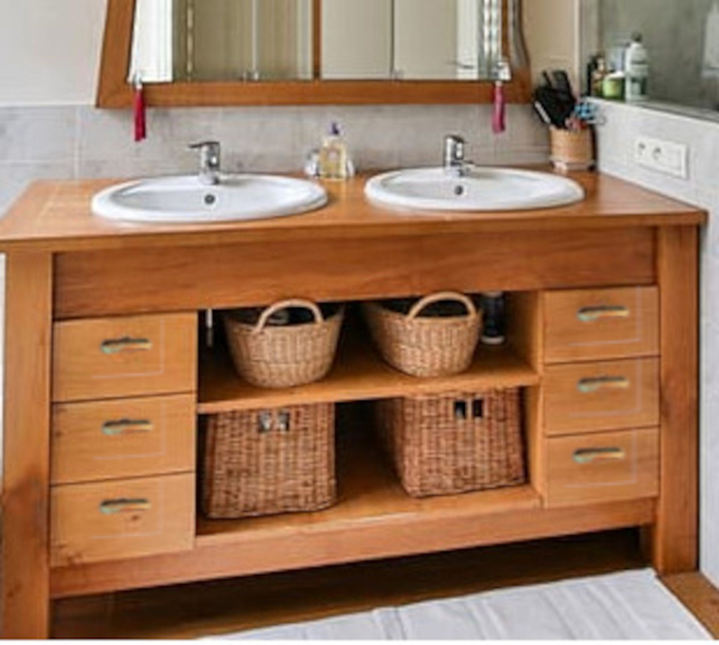 Verdigris Elegance: Hand-Painted Oak Cup Pulls with Faux Copper Finish, Blue/Green Patina | Perfect for Cabinets & Drawers, Kitchen Handles