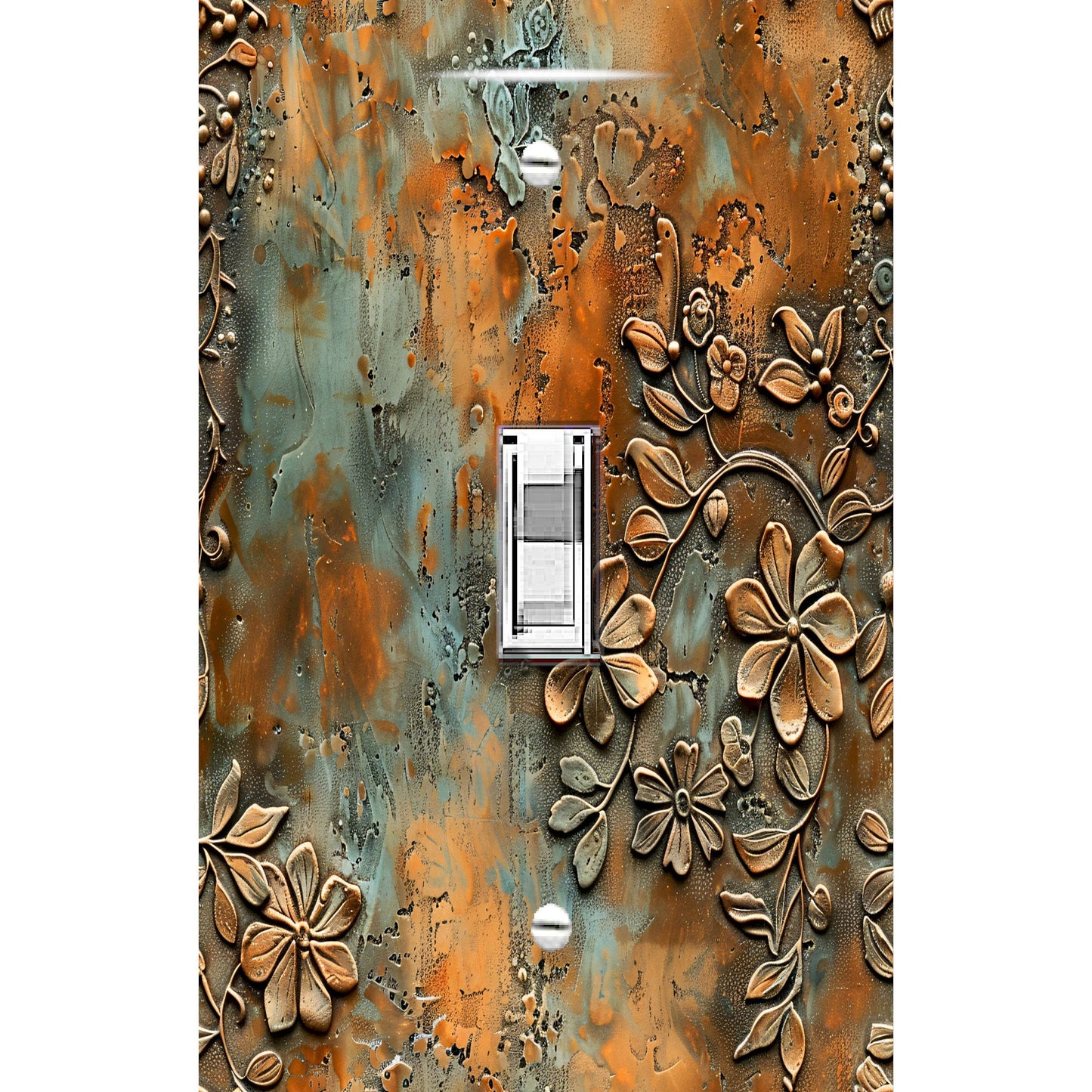 Rustic Bronze Floral Print Light Switch Plate Cover - Print of Embossed Metallic Flowers Patina Highlights-Perfect for Bedroom\Office Decor