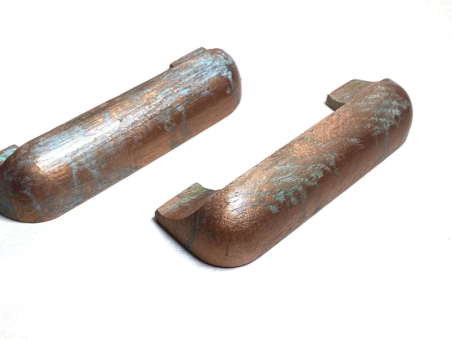 Verdigris Elegance: Hand-Painted Oak Cup Pulls with Faux Copper Finish, Blue/Green Patina | Perfect for Cabinets & Drawers, Kitchen Handles