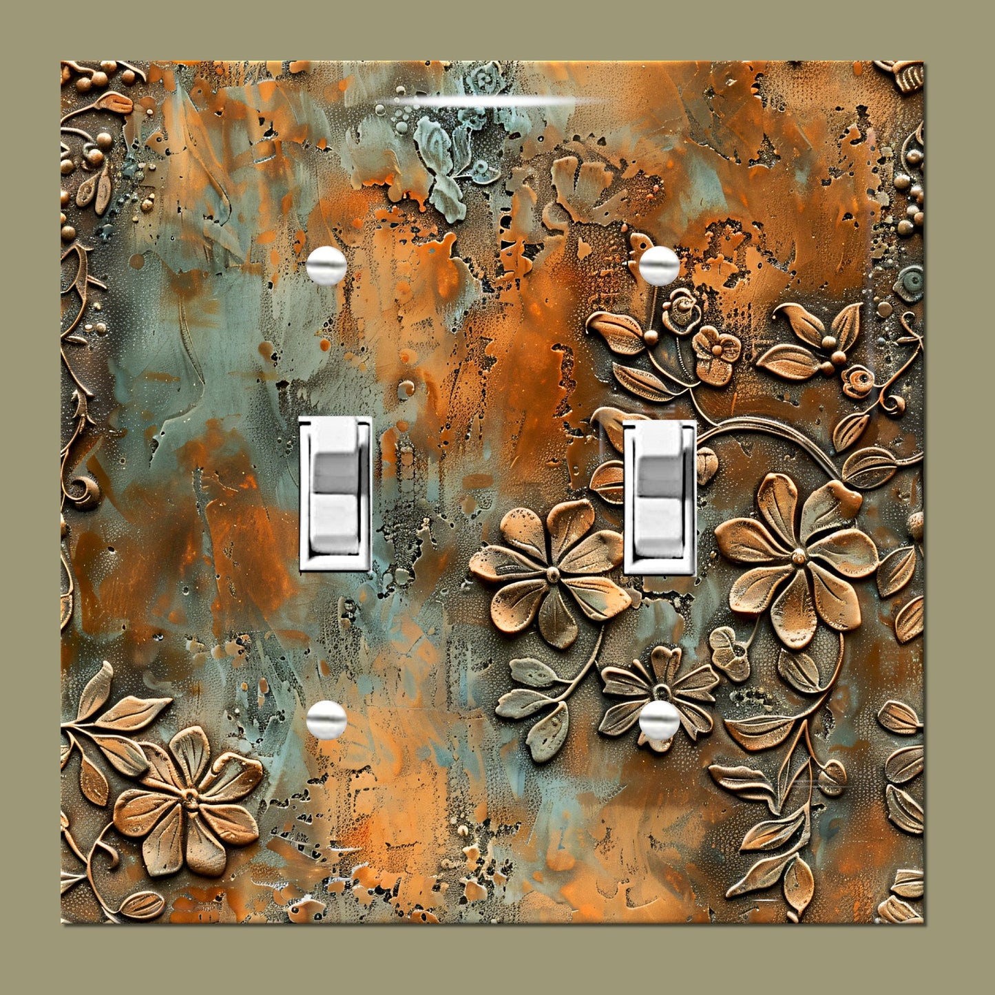 Rustic Bronze Floral Print Light Switch Plate Cover - Print of Embossed Metallic Flowers Patina Highlights-Perfect for Bedroom\Office Decor