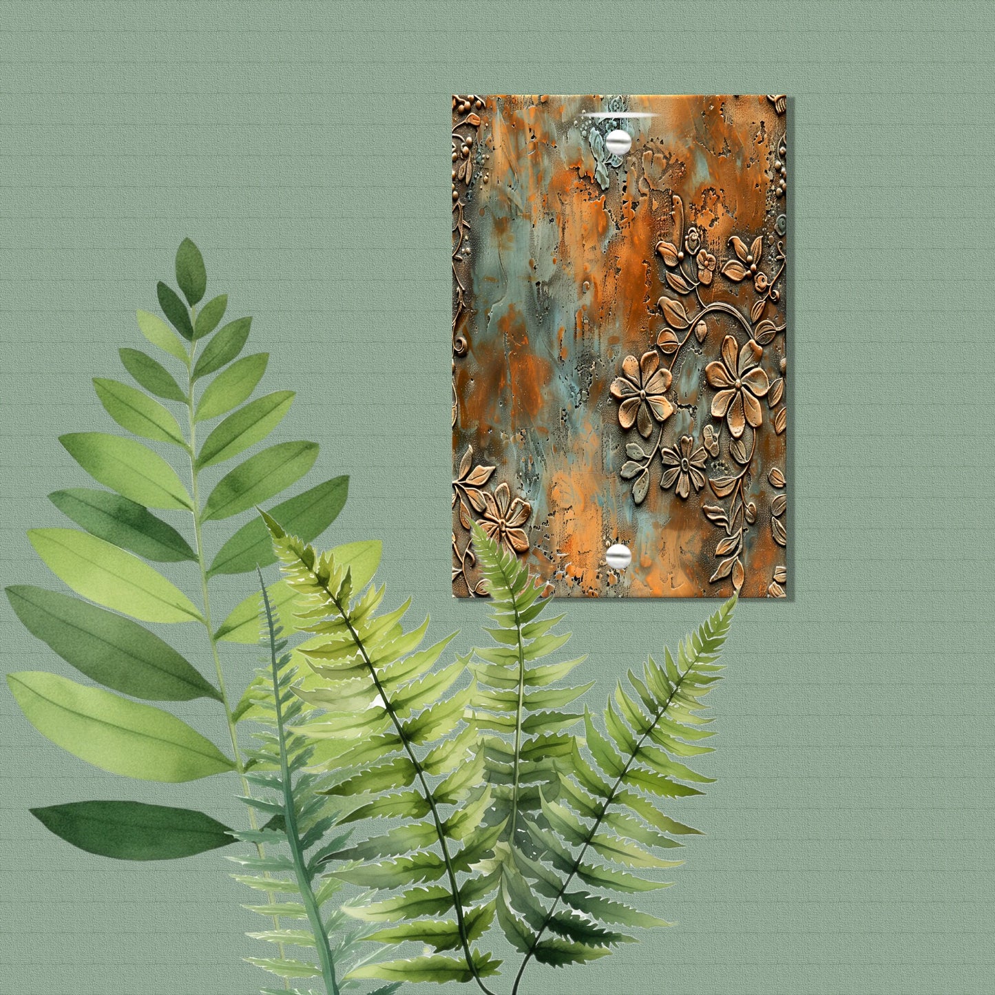 Rustic Bronze Floral Print Light Switch Plate Cover - Print of Embossed Metallic Flowers Patina Highlights-Perfect for Bedroom\Office Decor