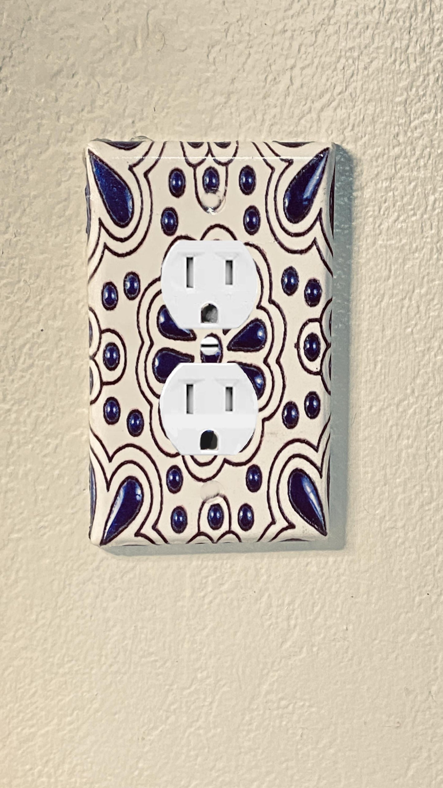 Handcrafted Talavera-Style Light Switch Cover – Navy Blue & White Mexican Design w/Intricate Beaded Accent, Nautical and Beach House Decor