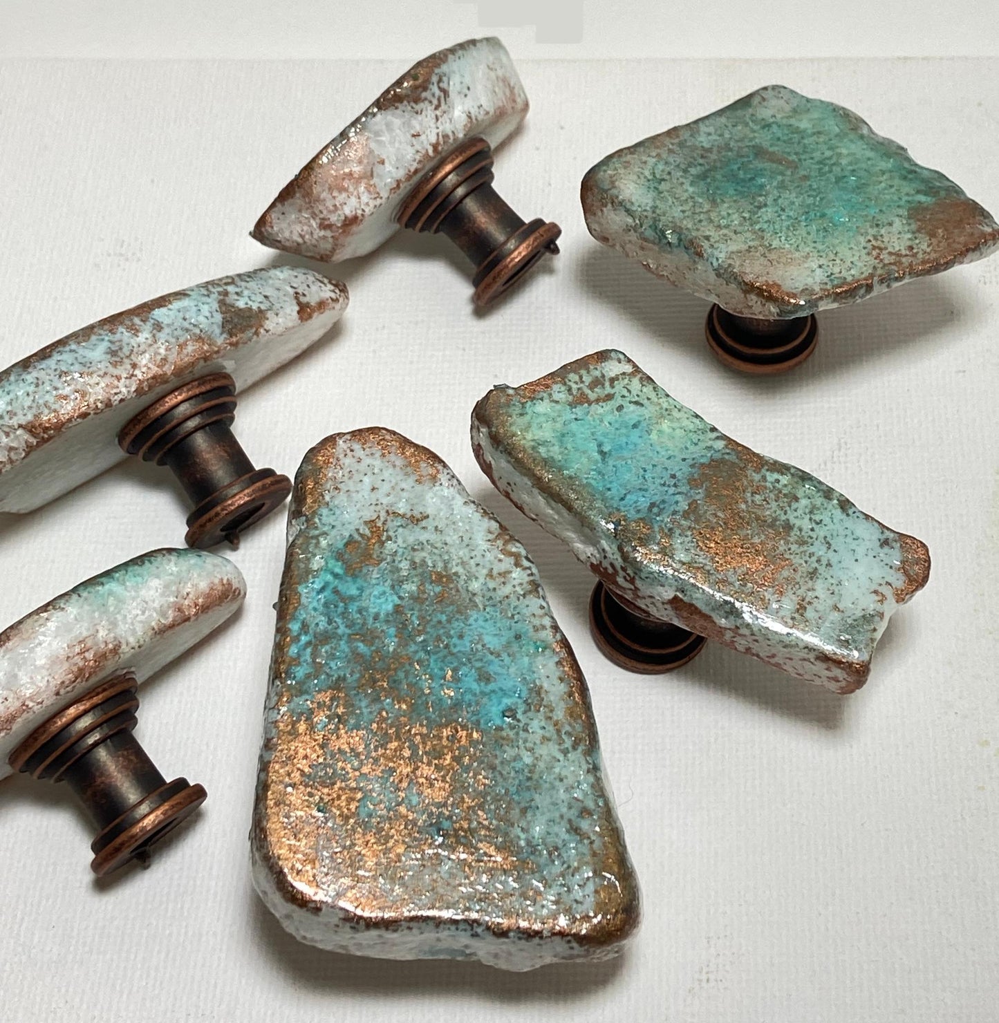 Unique Copper & Blue Patina Stone Knobs - Antique Copper Base - Cabinet and Drawer Hardware - Handcrafted Asymmetrical Furniture Knobs