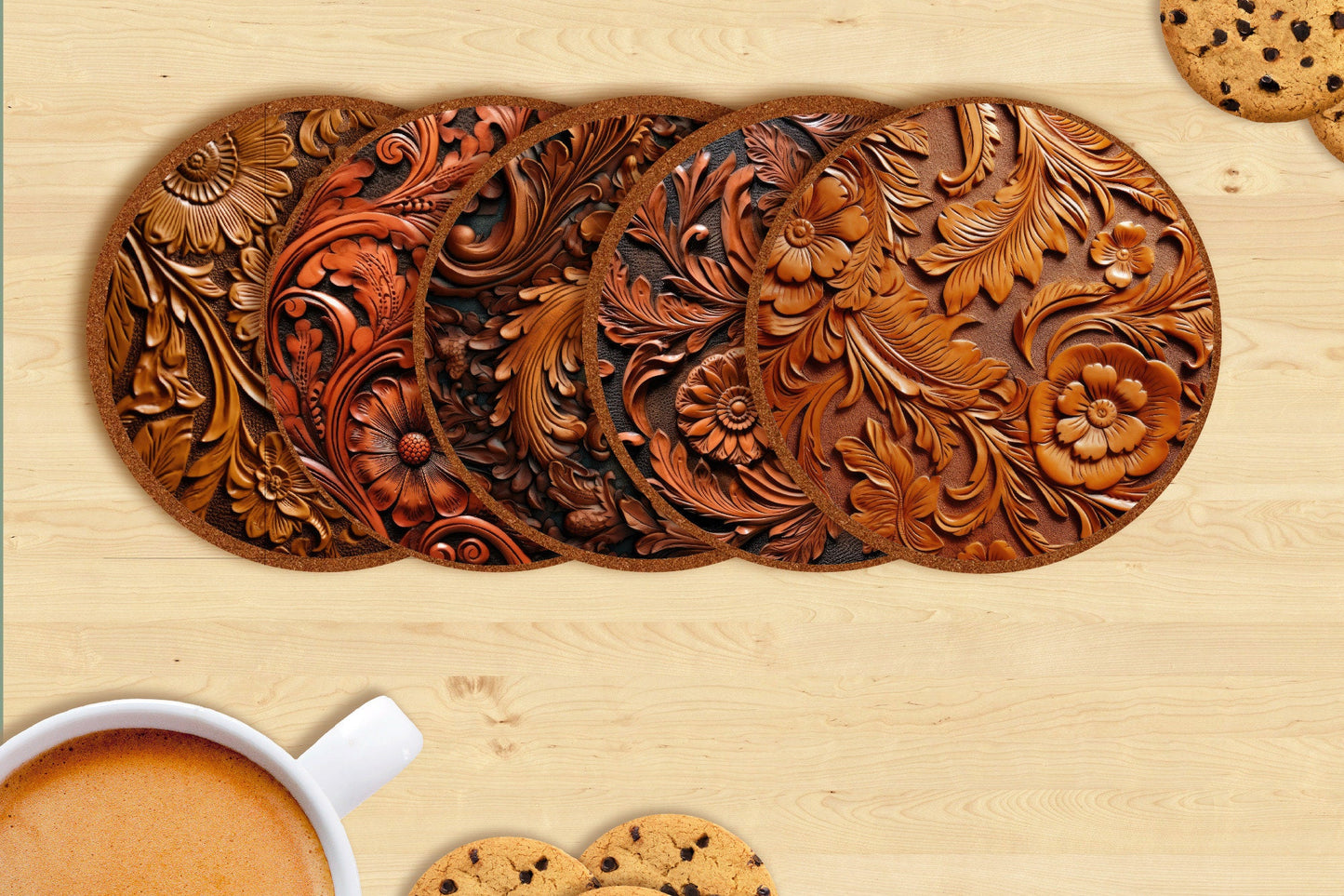Rustic Coasters Set, 3D Print Tooled Leather | Rustic Floral Handmade Drink Coasters | Western Home Decor | Gift for Coffee or Bar Lovers