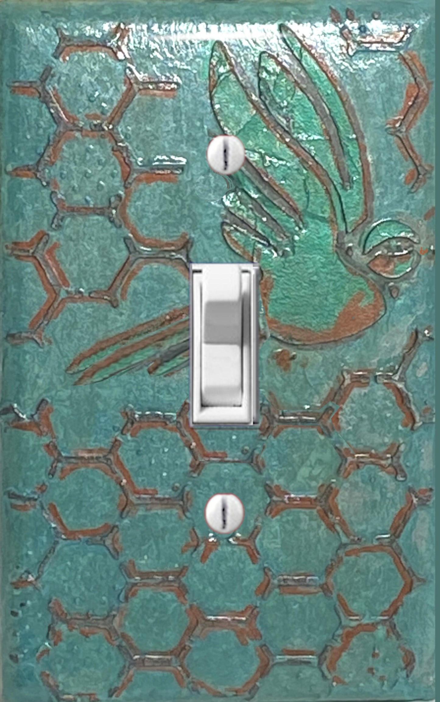 Handcrafted Teal Switch Cover: 3D Embossed Honeycomb Texture with Blue Bird Design - Artisan Made in USA - 3D Teal Outlet Cover Wall Plate