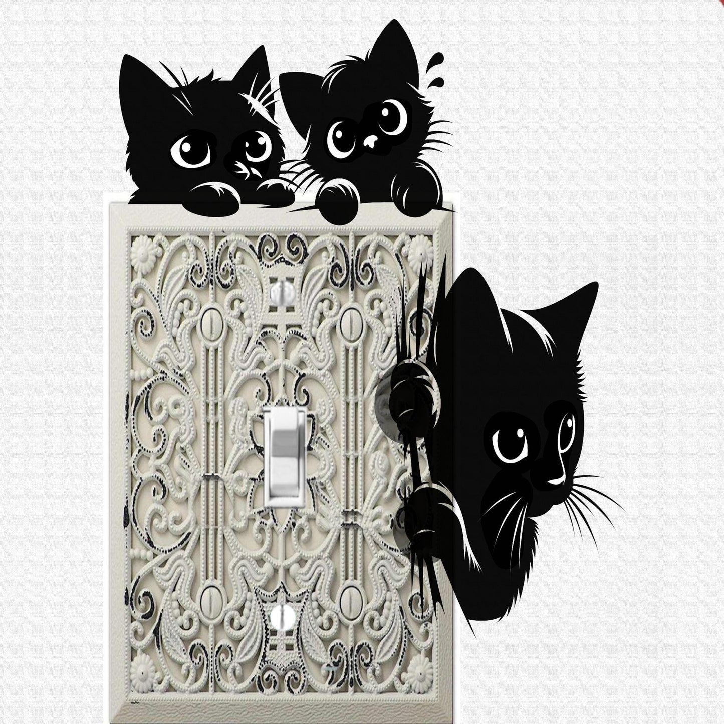 Peek-a-Boo Kitty Cat Light Switch Sticker Decal, Easy Peel-n-Stick Decorative Switch Plate Decal, Cute Vinyl Decal Removable & Damage Free