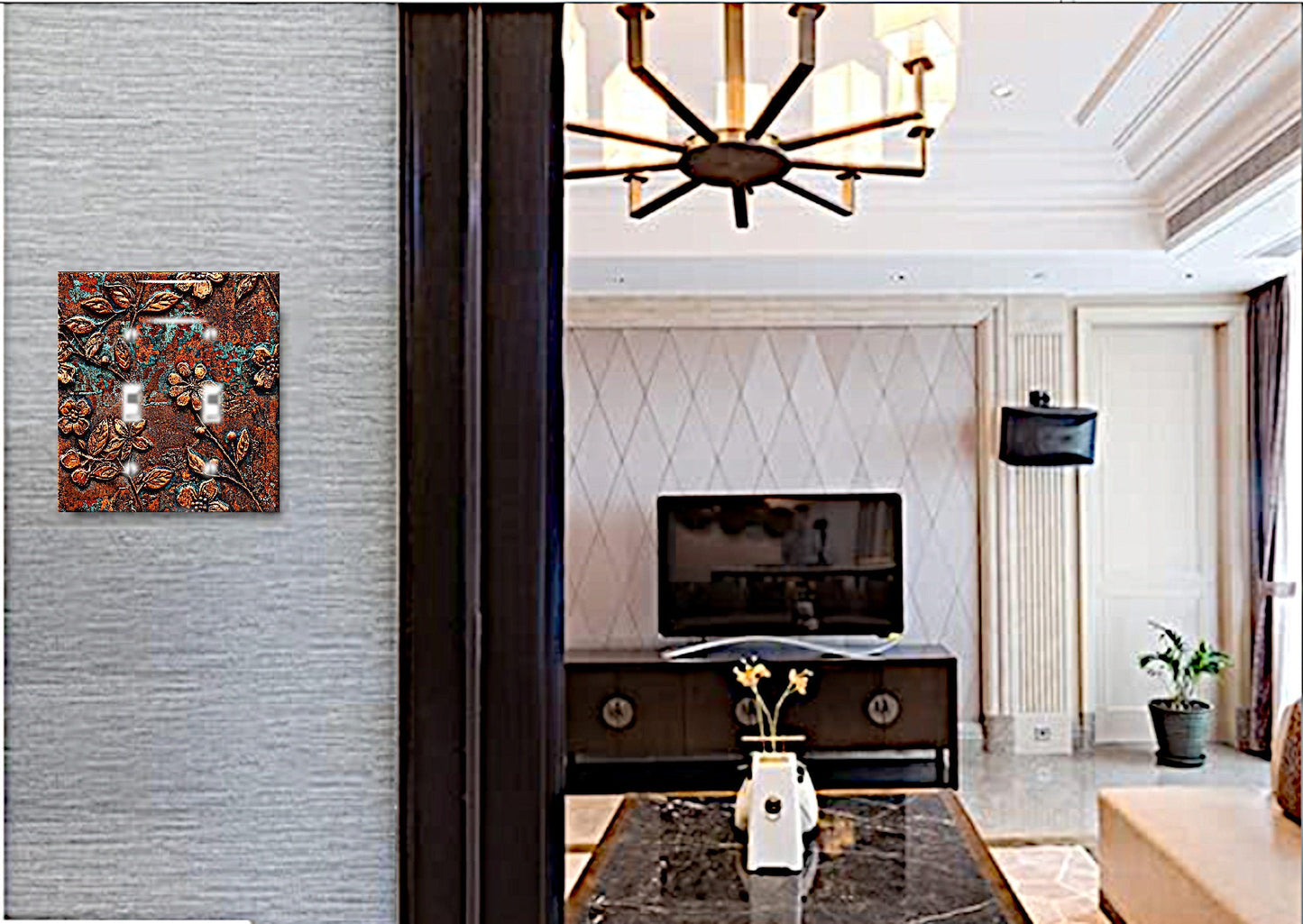 Rustic Copper Floral Print | Switch Plate Cover | Embossed Flowers Print w/Green Patina, Wall Art Decor | Farmhouse Wall Plate, Outlet Cover