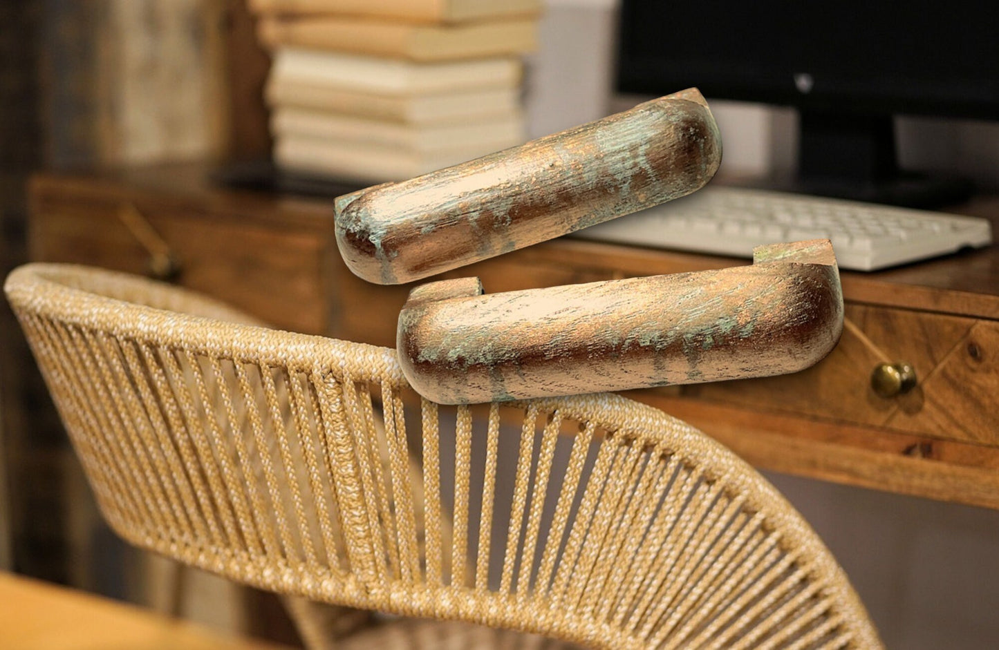 Verdigris Elegance: Hand-Painted Oak Cup Pulls with Faux Copper Finish, Blue/Green Patina | Perfect for Cabinets & Drawers, Kitchen Handles