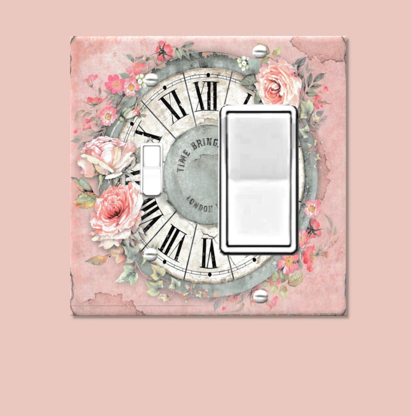 Shabby Chic Light Switch Cover Switchplate, Antique Clock Outlet Cover, Wall Plate with Pink Roses, Switch Plate Toggle Duplex Decora Plate