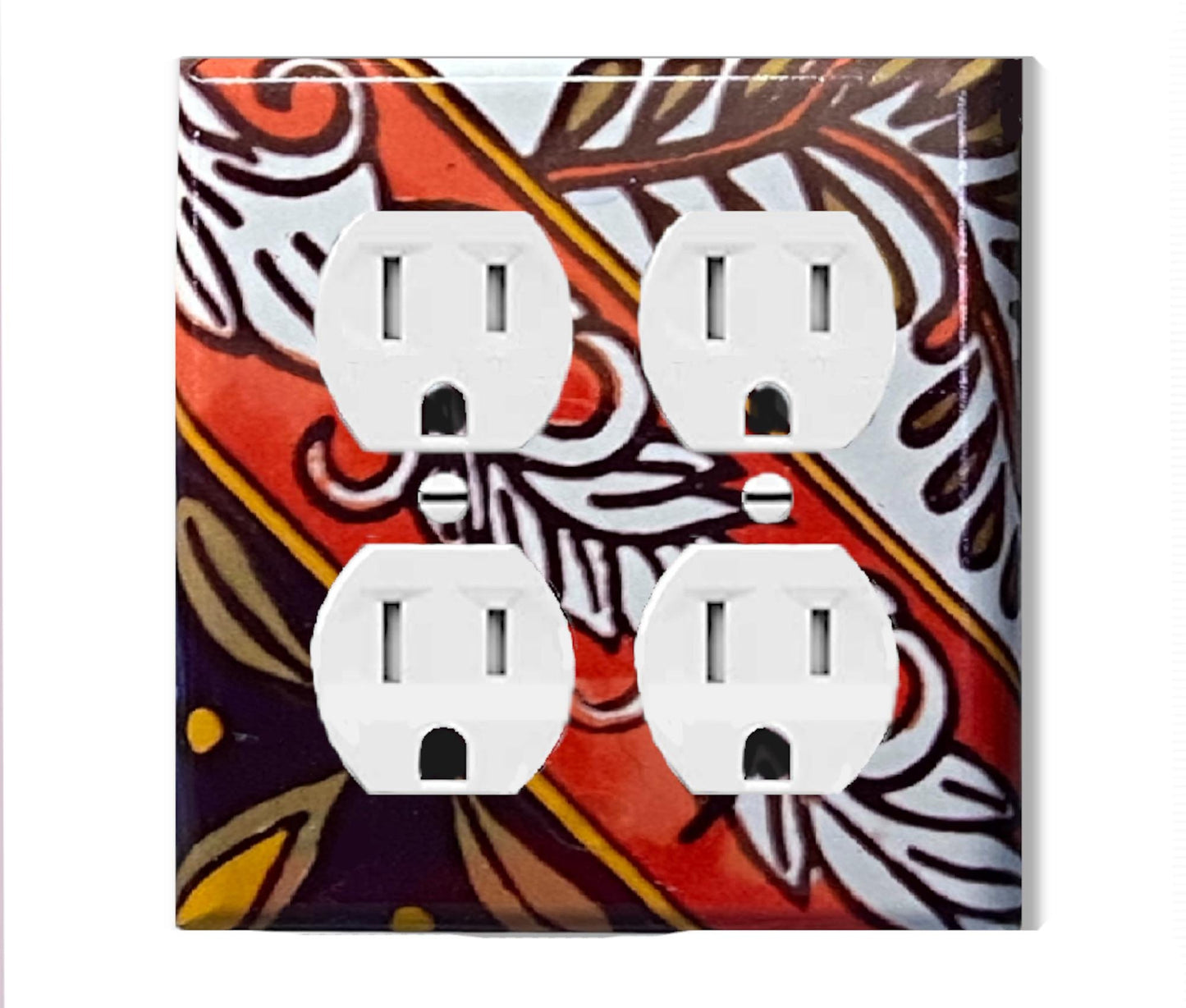 Talavera-Inspired Decorative Light Switch Cover from Mexican Tile Art – Orange, Brown, & White Accent for Walls, Backsplash, or Home Decor