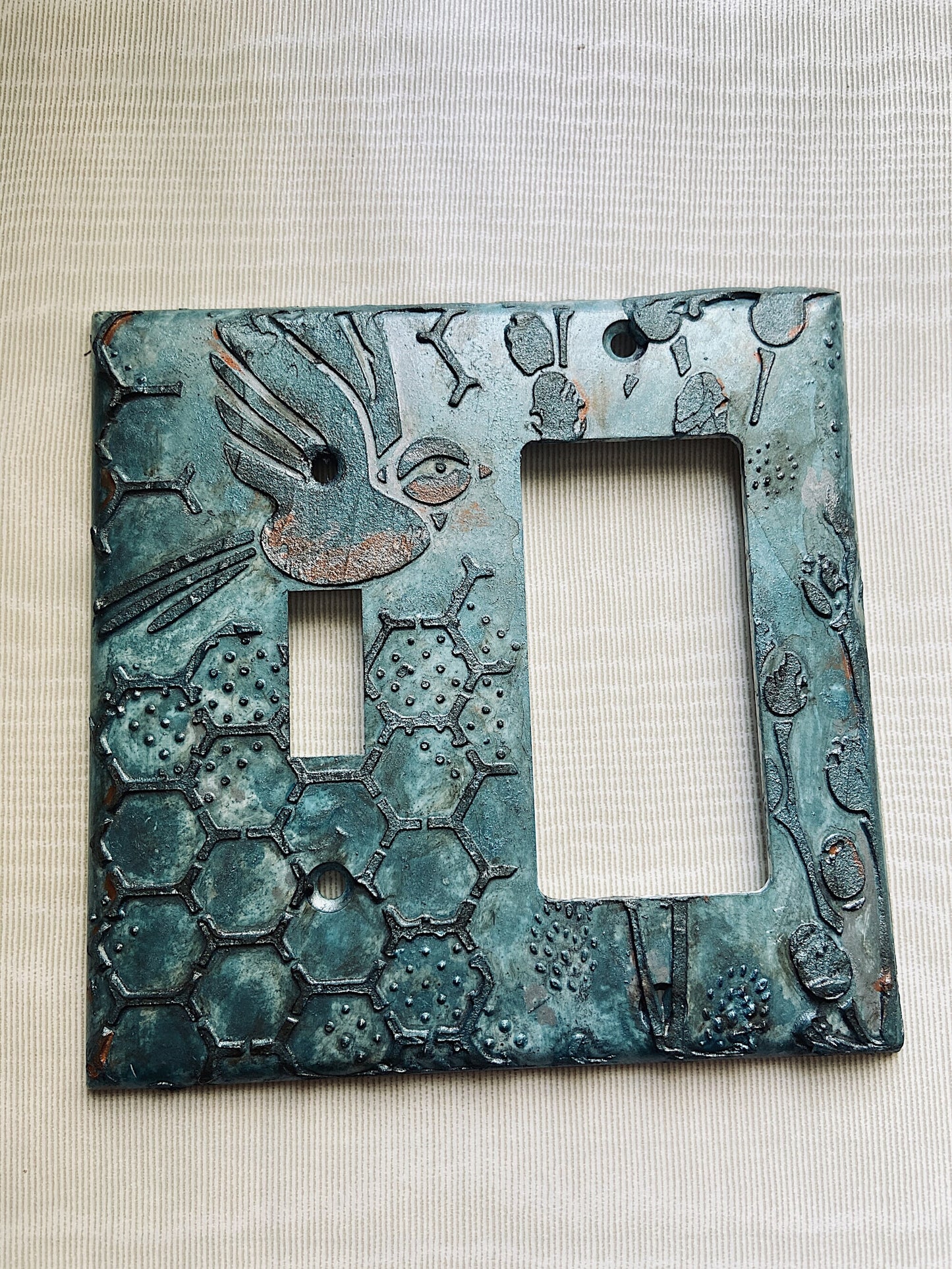 Handcrafted Teal Switch Cover: 3D Embossed Honeycomb Texture with Blue Bird Design - Artisan Made in USA - 3D Teal Outlet Cover Wall Plate