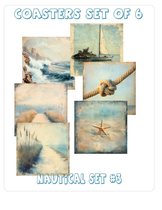 Nautical Print Coasters Set of 4 or 6 | Square Ceramic 4" Cork Back Drink Mats | Kitchen/Dining Table Decor, Watercolor Coasters, Mug Rug