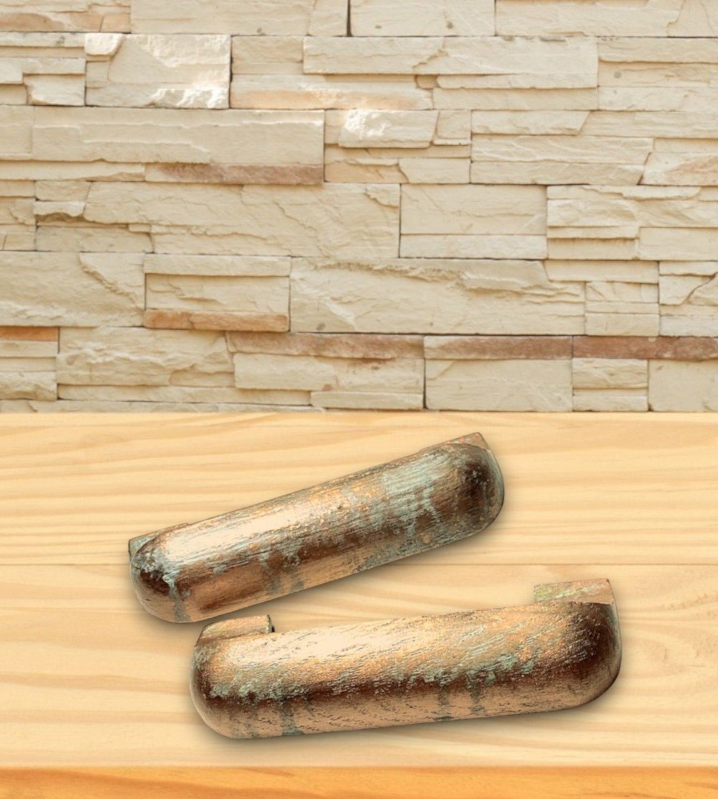 Verdigris Elegance: Hand-Painted Oak Cup Pulls with Faux Copper Finish, Blue/Green Patina | Perfect for Cabinets & Drawers, Kitchen Handles