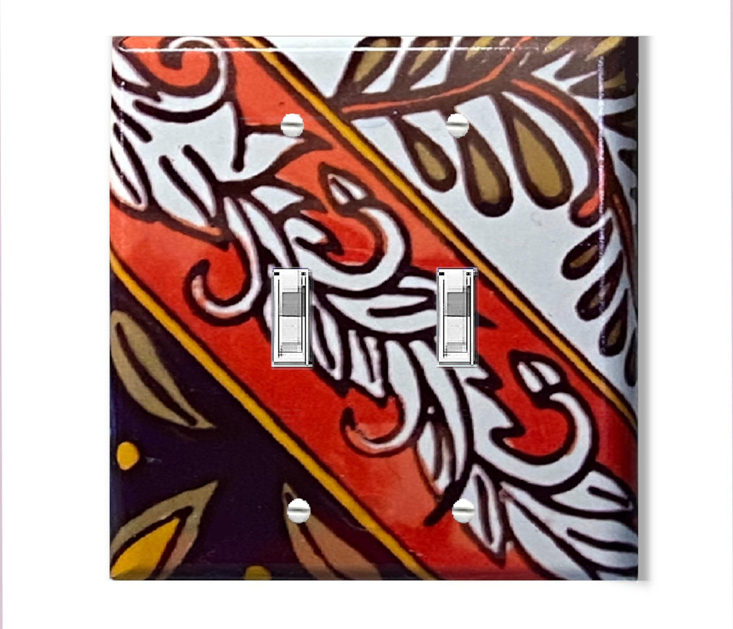 Talavera-Inspired Decorative Light Switch Cover from Mexican Tile Art – Orange, Brown, & White Accent for Walls, Backsplash, or Home Decor