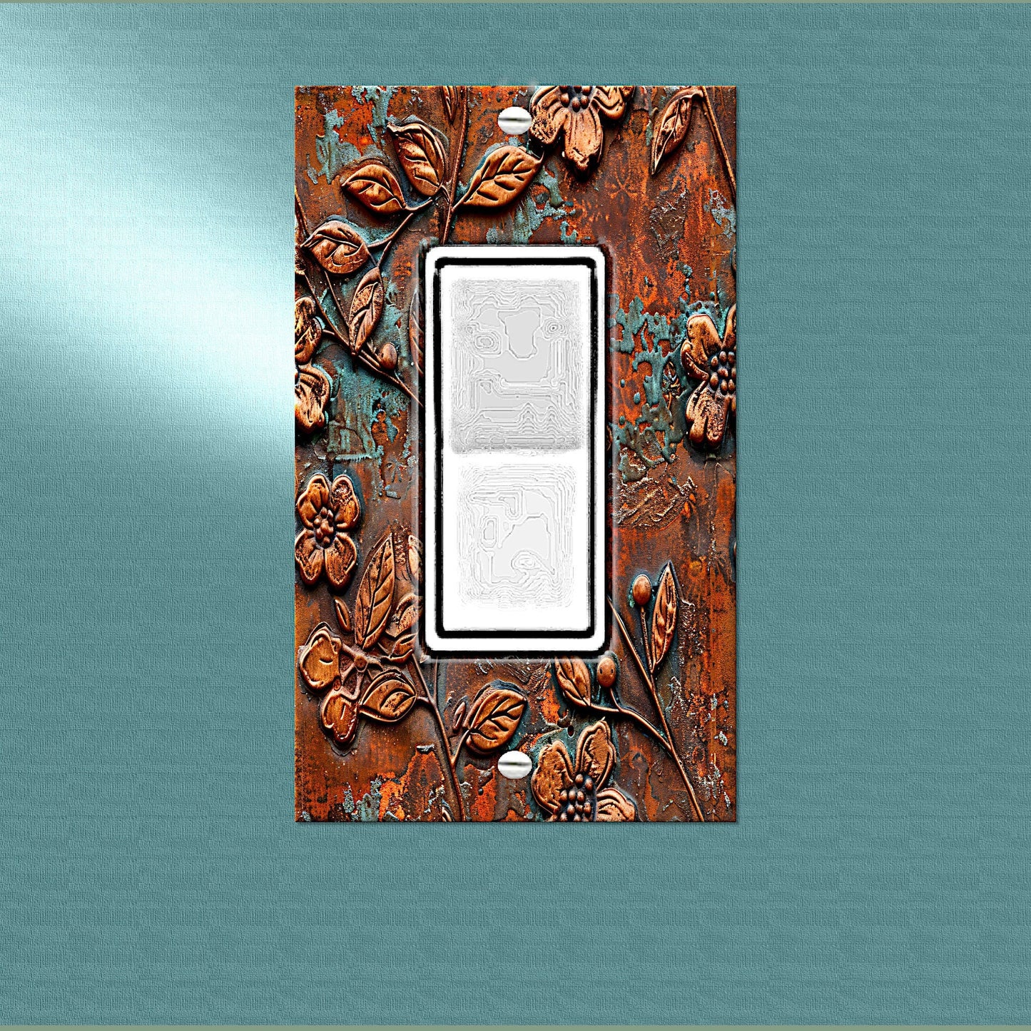 Rustic Copper Floral Print | Switch Plate Cover | Embossed Flowers Print w/Green Patina, Wall Art Decor | Farmhouse Wall Plate, Outlet Cover