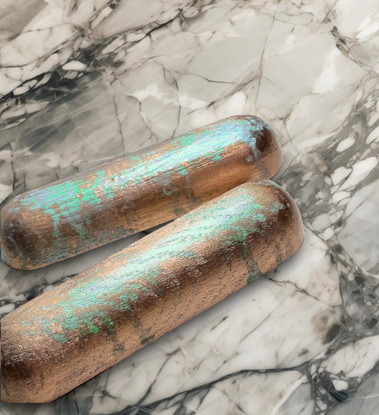 Verdigris Elegance: Hand-Painted Oak Cup Pulls with Faux Copper Finish, Blue/Green Patina | Perfect for Cabinets & Drawers, Kitchen Handles