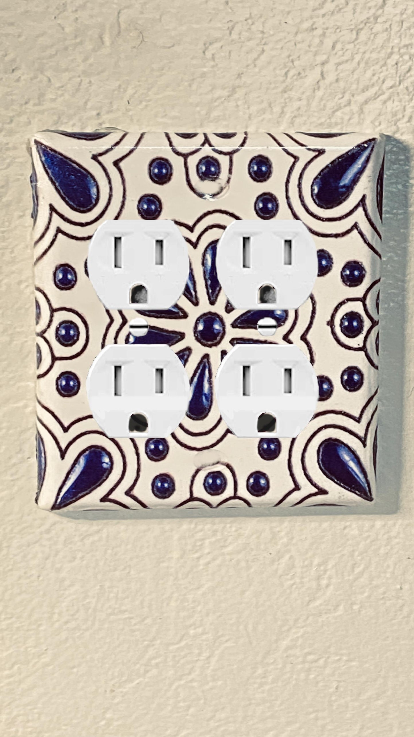 Handcrafted  Light Switch Cover, Mexican Pottery Talavera Style – Navy Blue & White Mexican Design