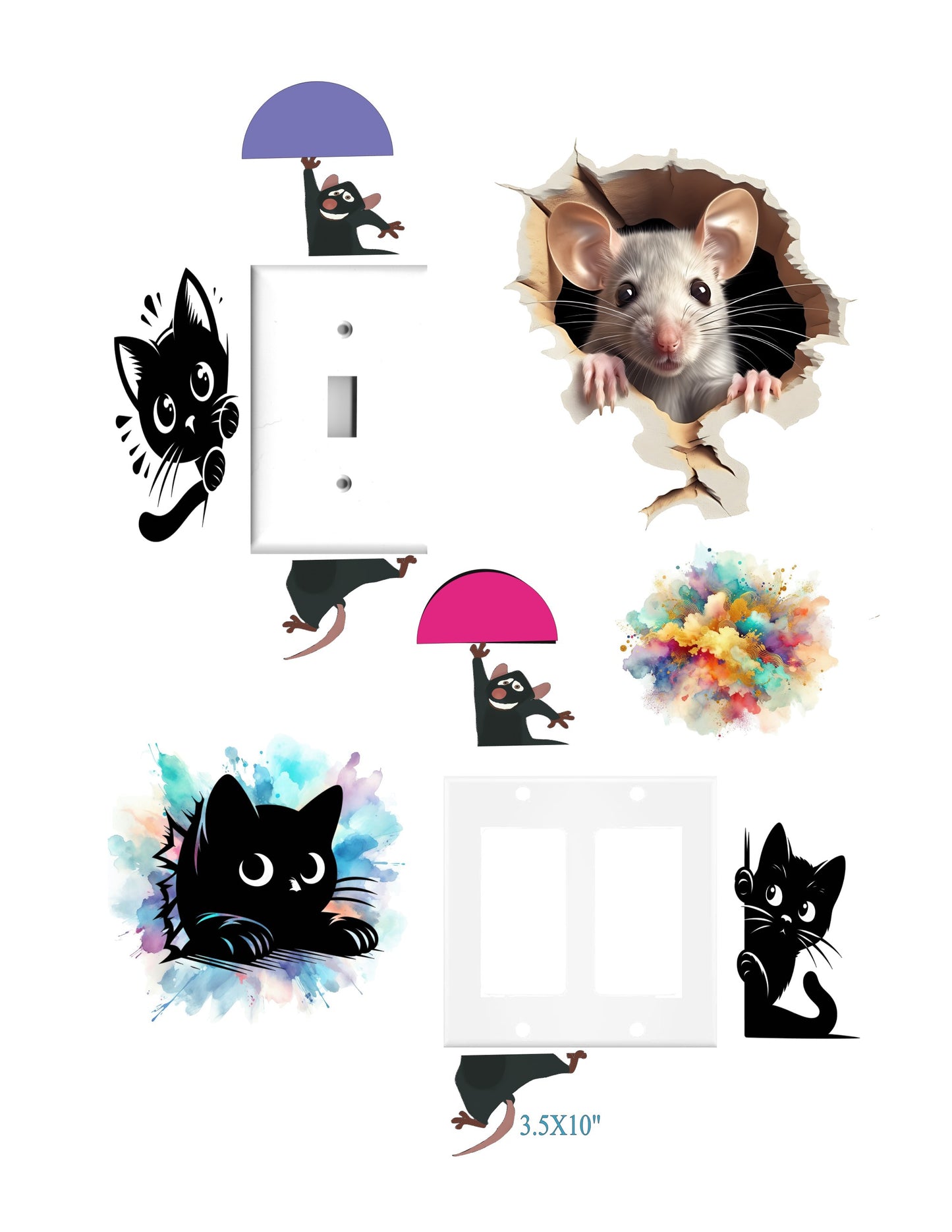 Funny Cat & Mouse Light Switch Wall Decals – Cute Cartoon Vinyl Stickers for Kids Room, Nursery or Playroom, Sticker Sheet, Laptop, Journals