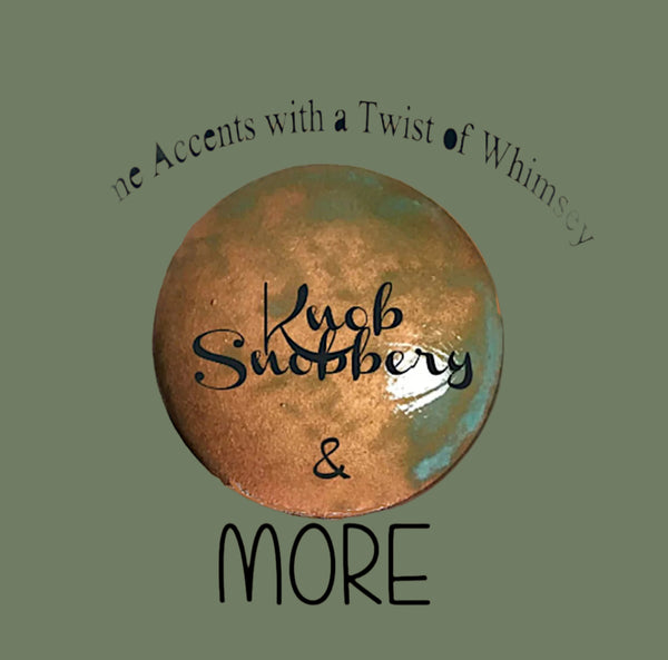logo KnobSnobberymore w.green background copper knob with patina