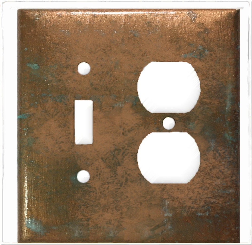 Handcrafted Switch Plate Covers: Simulated Aged Copper with Blue-Green Verdigris Patina - Metal or Plastic-Duplex-Outlet Light Switch Covers