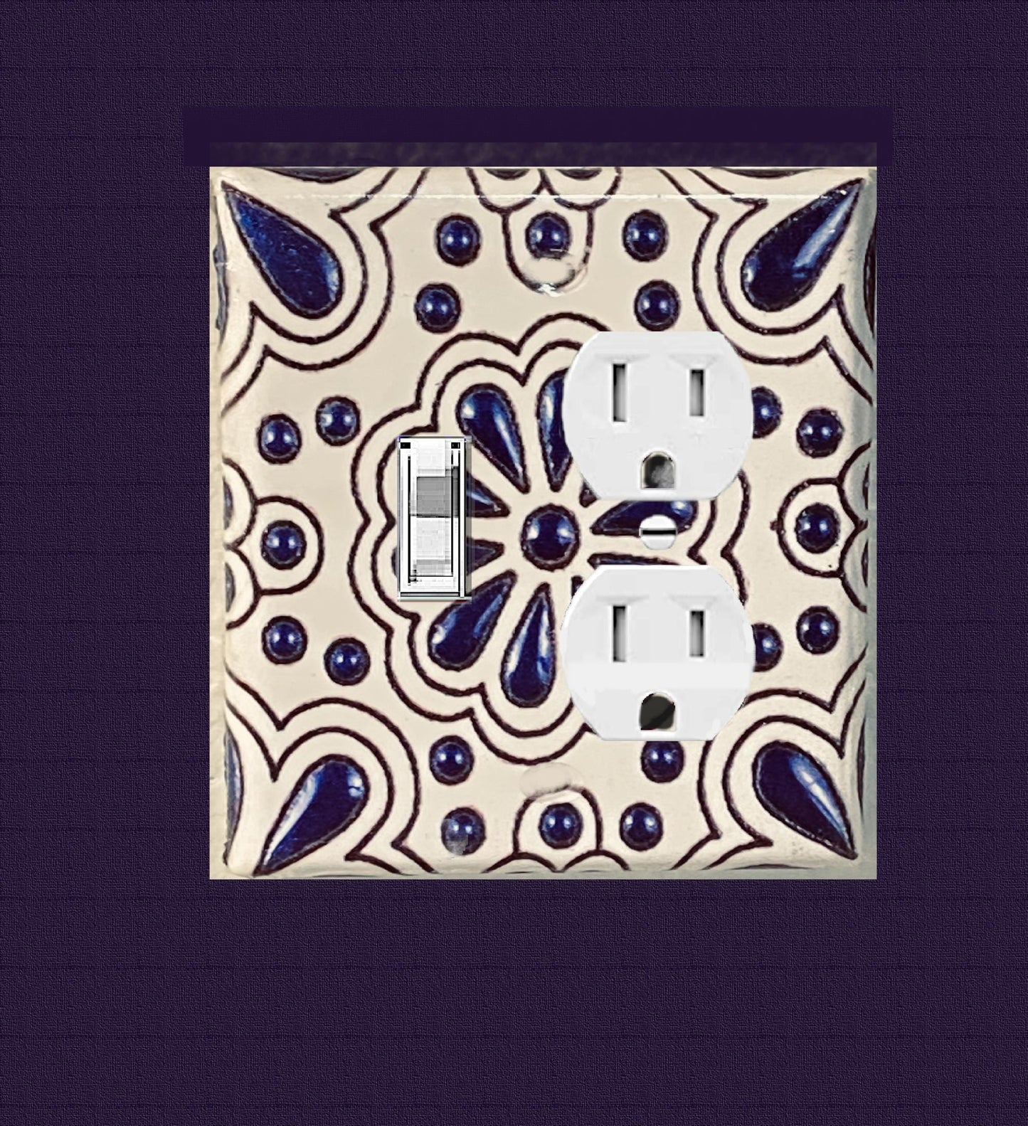 Handcrafted  Light Switch Cover, Mexican Pottery Talavera Style – Navy Blue & White Mexican Design