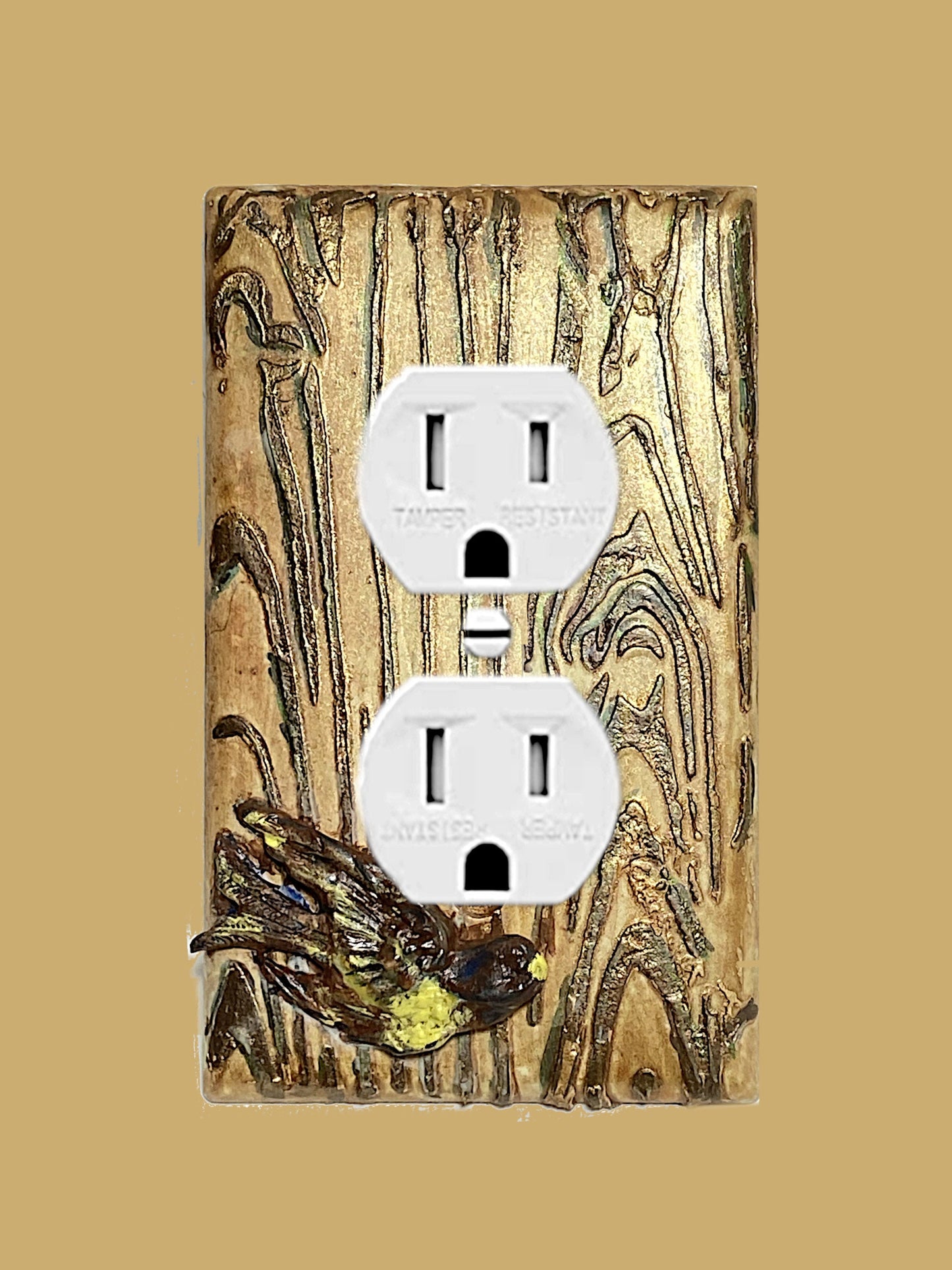 Textured Switch Plate, Golden Wood Grain with a Bird in Flight, Mixed Media Outlet Cover for Kitchen, Bathroom, Bedroom. FREE US SHIPPING