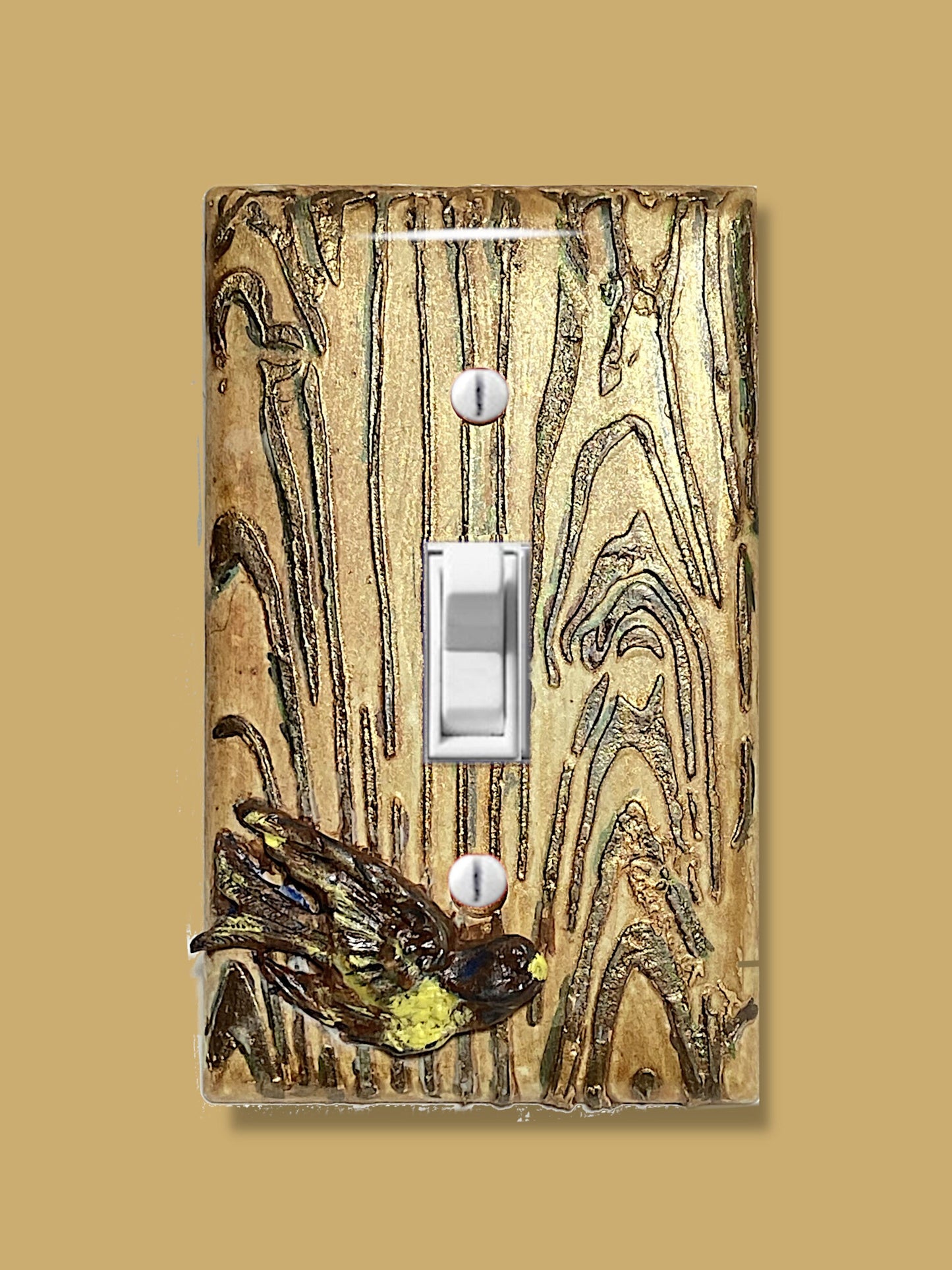Textured Switch Plate, Golden Wood Grain with a Bird in Flight, Mixed Media Outlet Cover for Kitchen, Bathroom, Bedroom. FREE US SHIPPING