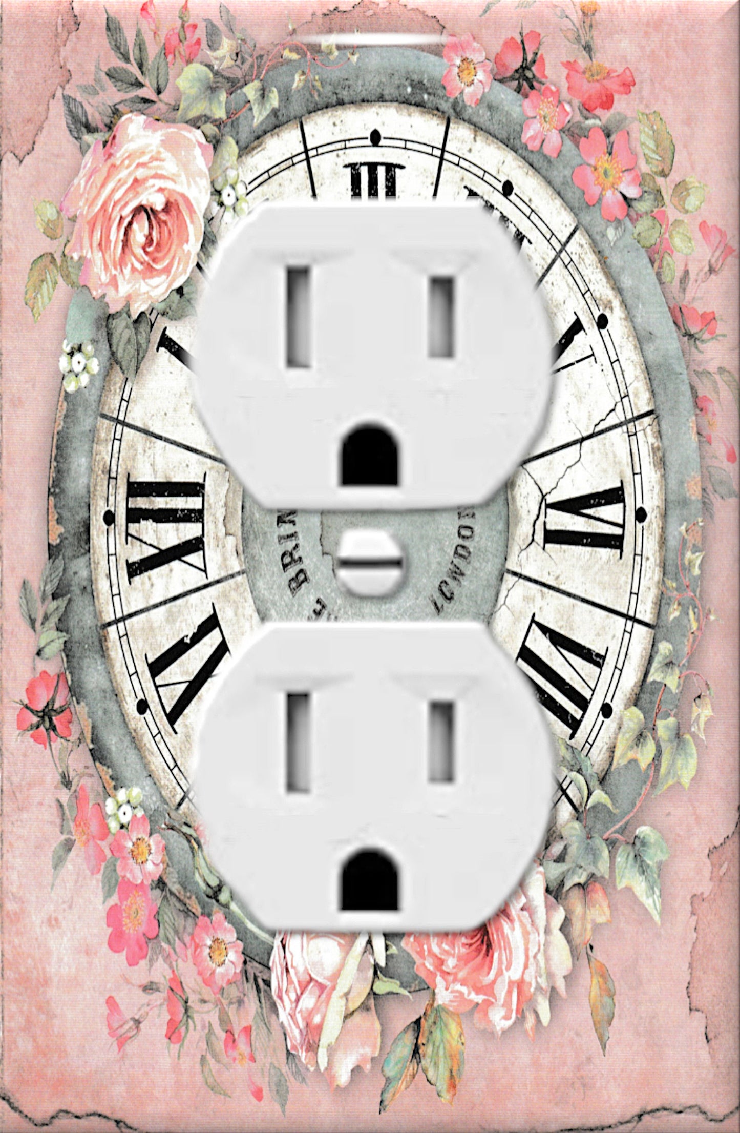Shabby Chic Light Switch Cover Switchplate, Antique Clock Outlet Cover, Wall Plate with Pink Roses, Switch Plate Toggle Duplex Decora Plate