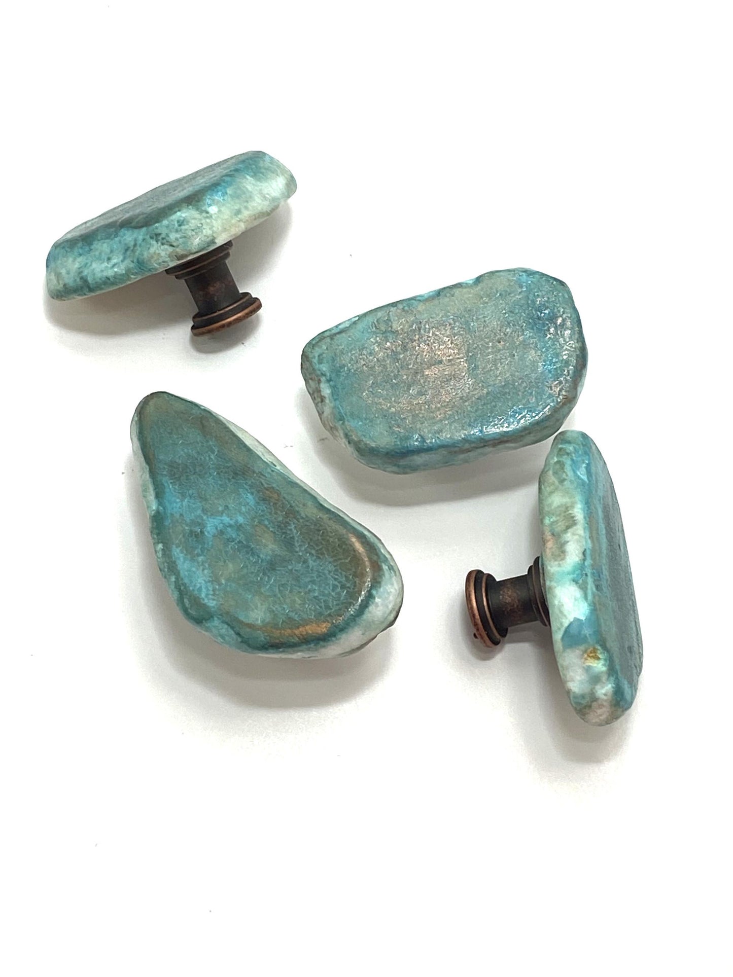 Unique Copper & Blue Patina Stone Knobs - Antique Copper Base - Cabinet and Drawer Hardware - Handcrafted Asymmetrical Furniture Knobs