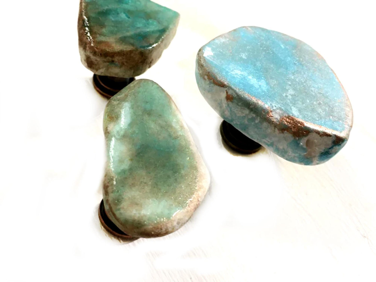 Unique Copper & Blue Patina Stone Knobs - Antique Copper Base - Cabinet and Drawer Hardware - Handcrafted Asymmetrical Furniture Knobs