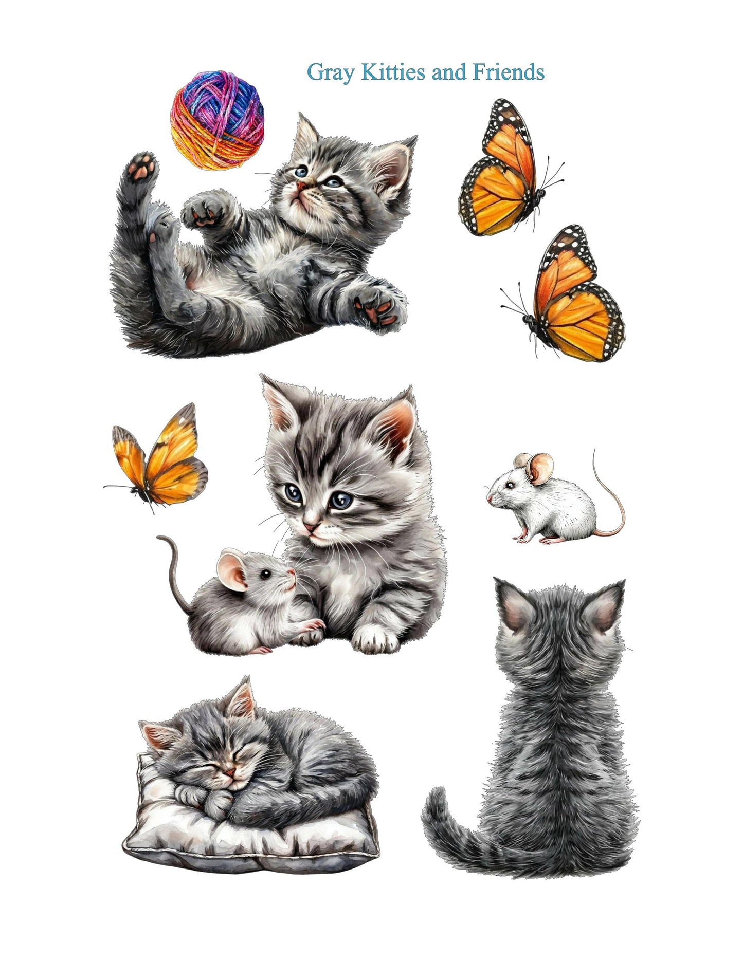 Gray Kitten and Friends Sticker Set – Cute Cat, Mouse & Butterfly Vinyl Stickers – Adorable Animal Decals for Laptop, Journals, Scrapbooking