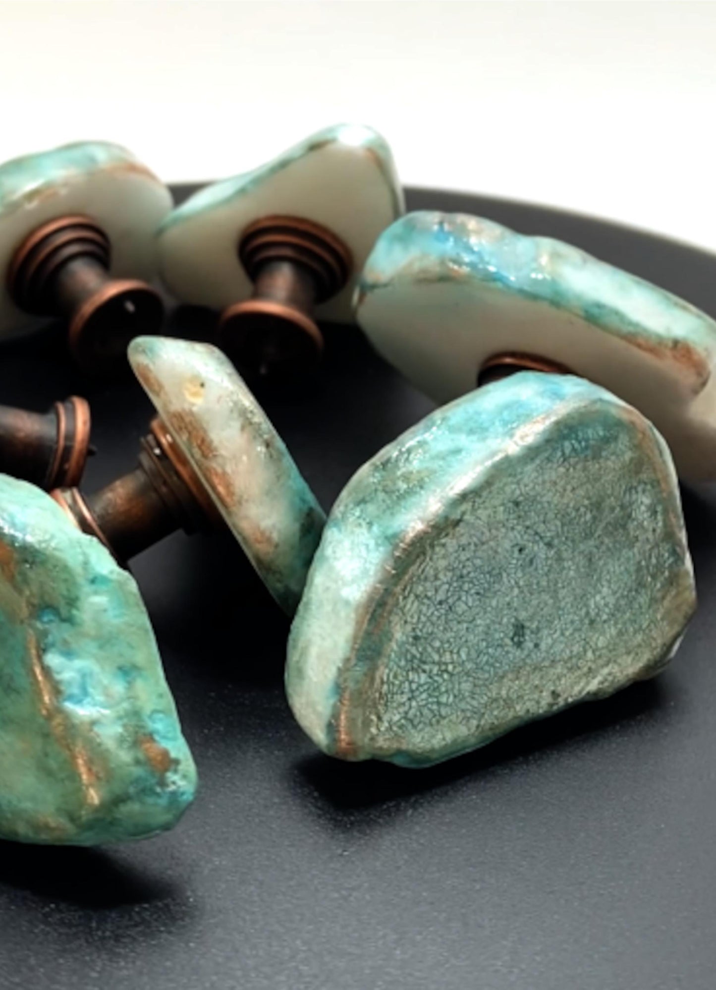 Unique Copper & Blue Patina Stone Knobs - Antique Copper Base - Cabinet and Drawer Hardware - Handcrafted Asymmetrical Furniture Knobs