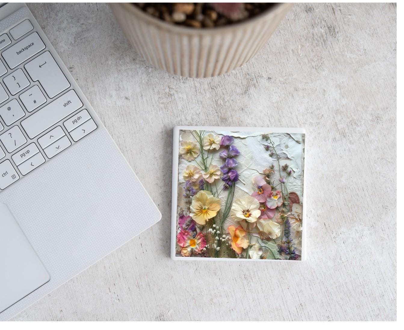 3D Flowers Print Coasters Set of 4 or 6 | Square Ceramic 4" Cork Back Drink Mats | Kitchen/Dining Table Decor, Floral Coasters Botanical
