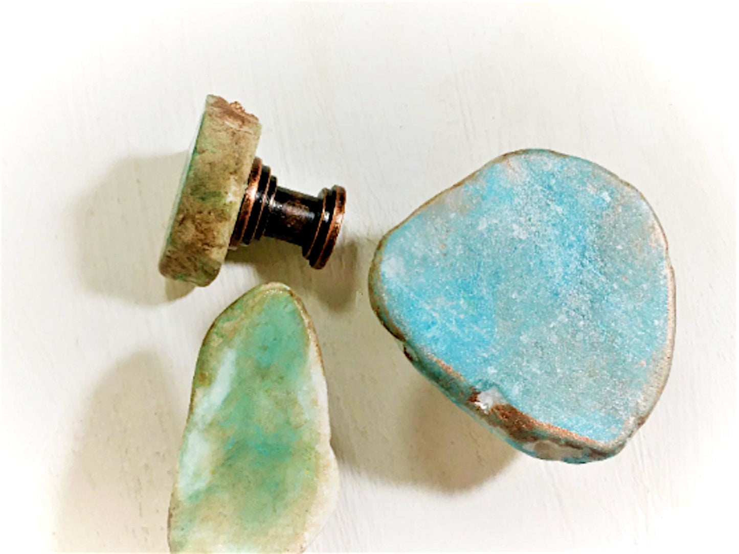 Unique Copper & Blue Patina Stone Knobs - Antique Copper Base - Cabinet and Drawer Hardware - Handcrafted Asymmetrical Furniture Knobs