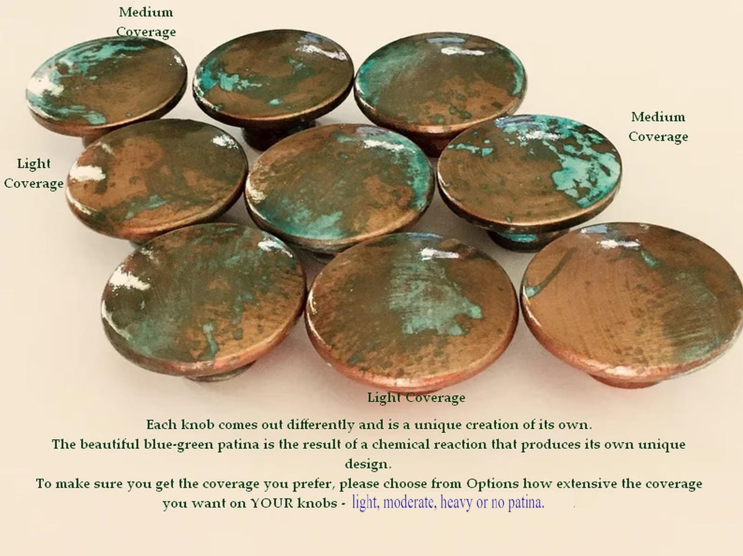 Beautiful Decorative Knobs, Faux Copper Furniture Knobs Like Real Aged Copper, Blue-Green Patina, Kitchen Cabinet Knobs & Pulls 6 Knob Sizes