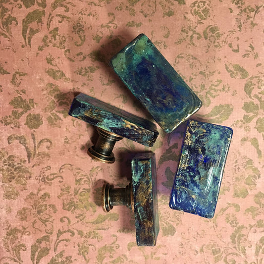 Blue Glass Knobs, Royal Blue w/Green Patina & Antique Copper Stems, Rectangular Drawer Knobs, Kitchen Cabinet Knobs, Coastal Boho Handles