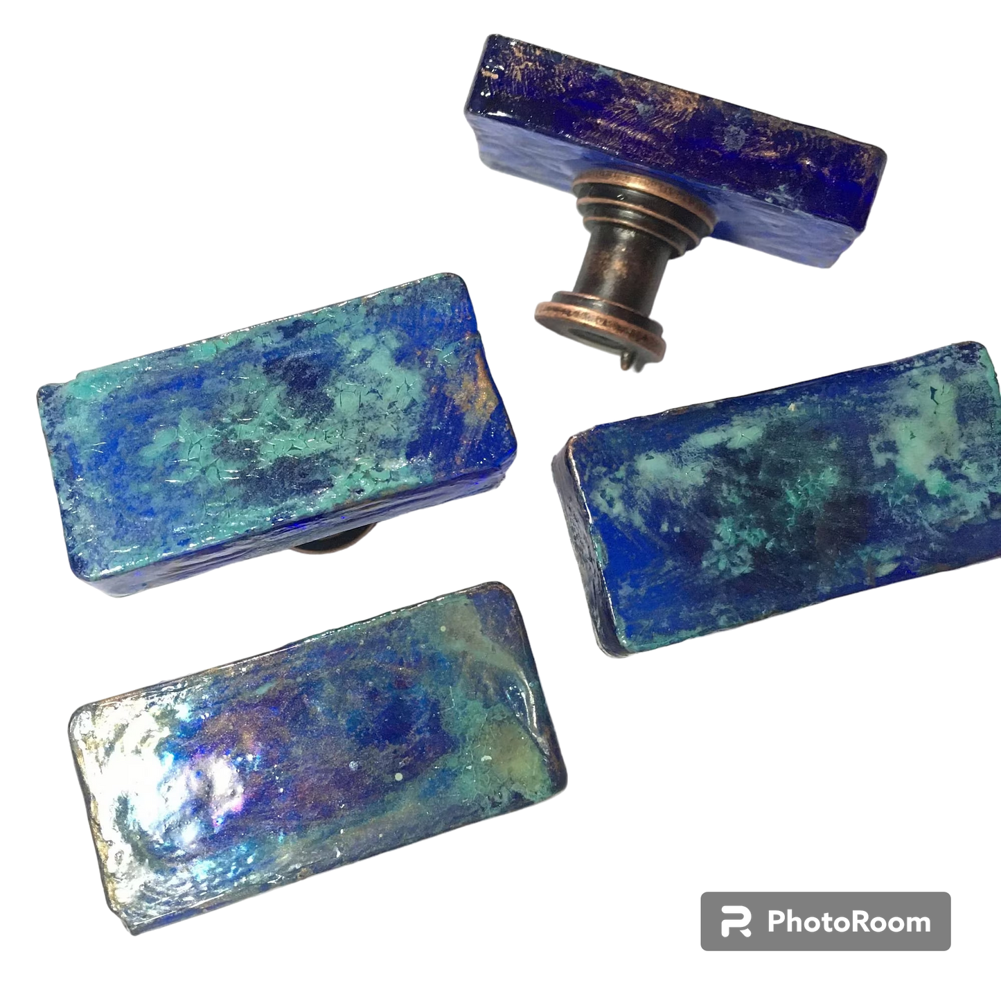 Blue Glass Knobs, Royal Blue w/Green Patina & Antique Copper Stems, Rectangular Drawer Knobs, Kitchen Cabinet Knobs, Coastal Boho Handles