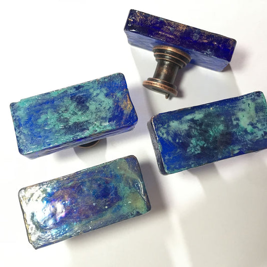 Blue Glass Knobs, Royal Blue w/Green Patina & Antique Copper Stems, Rectangular Drawer Knobs, Kitchen Cabinet Knobs, Coastal Boho Handles