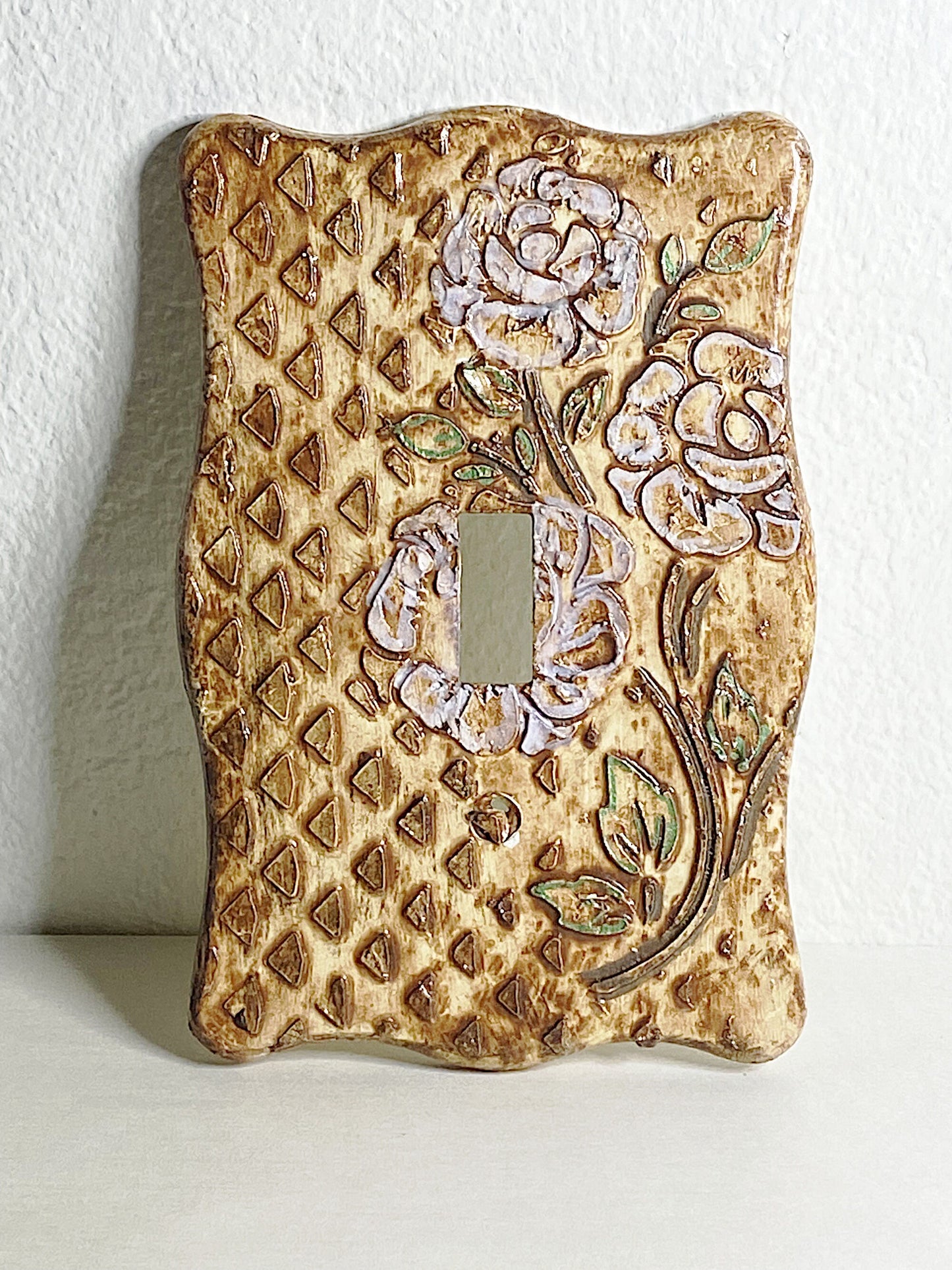 3D Light Switch Cover, Handcrafted Switchplate Cover, Lite Pink Roses on Stone Wall, Artisan Crafted in Missouri USA