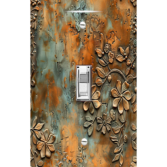 Rustic Bronze Floral Print Light Switch Plate Cover - Print of Embossed Metallic Flowers Patina Highlights-Perfect for Bedroom\Office Decor