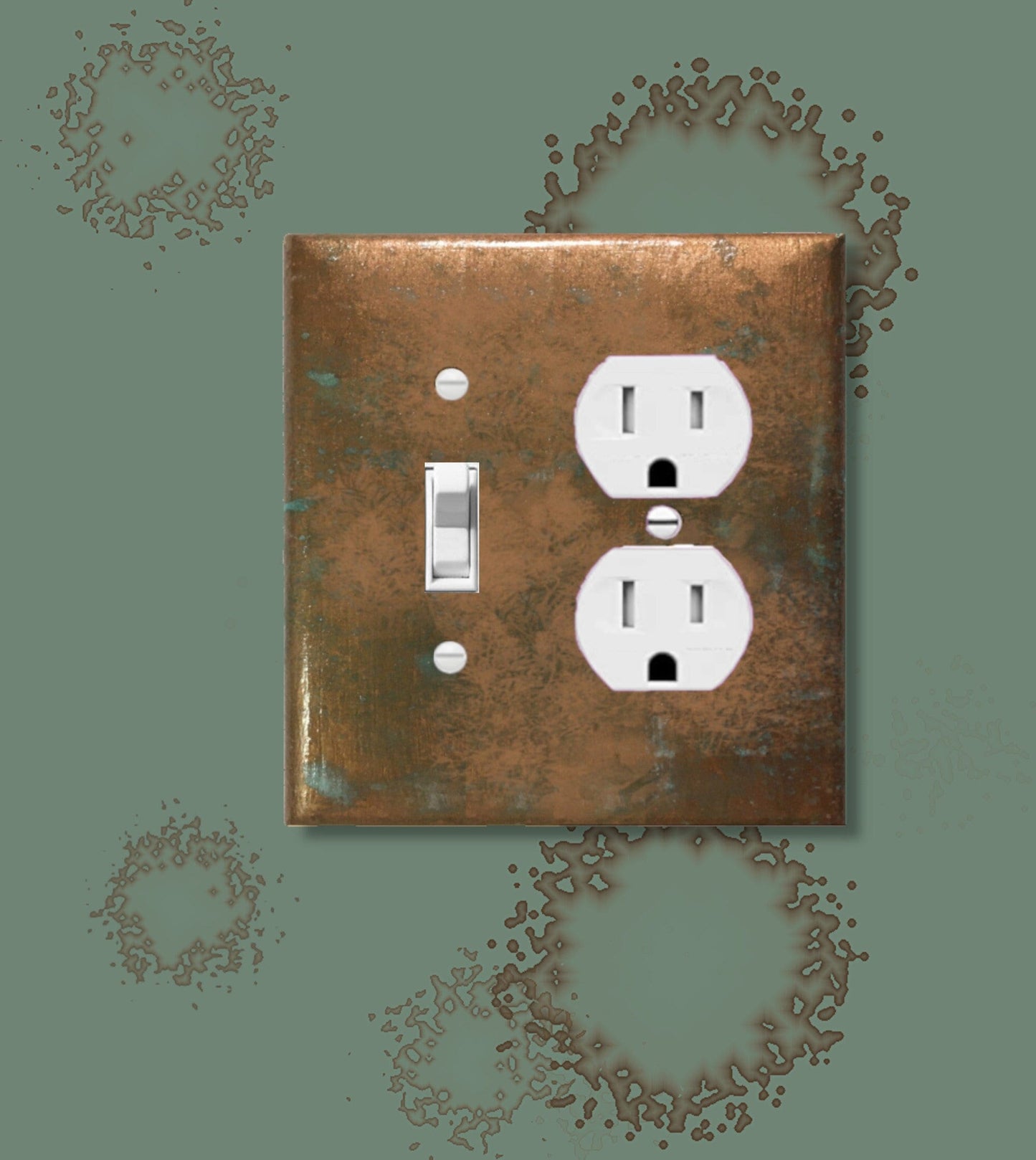 Handcrafted Switch Plate Covers: Simulated Aged Copper with Blue-Green Verdigris Patina - Metal or Plastic-Duplex-Outlet Light Switch Covers