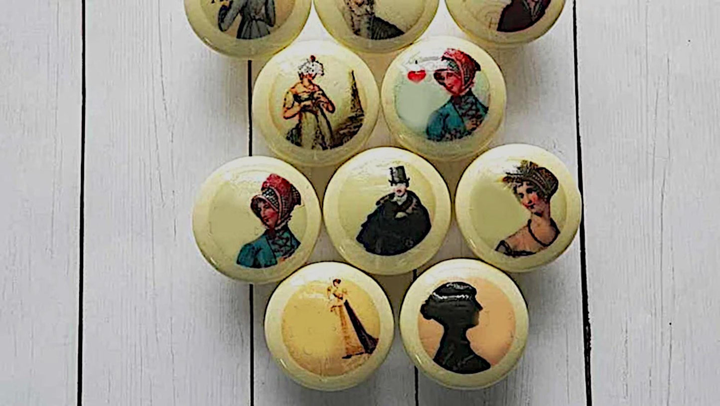 Dresser Knobs Victorian Fashion & Book Characters, Wooden Drawer Knobs, 19th Century Fashion Dresser Knobs, Gift Book Lover, Book Club Gift