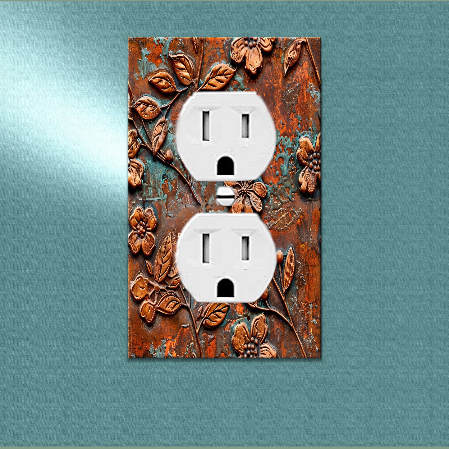 Rustic Copper Floral Print | Switch Plate Cover | Embossed Flowers Print w/Green Patina, Wall Art Decor | Farmhouse Wall Plate, Outlet Cover