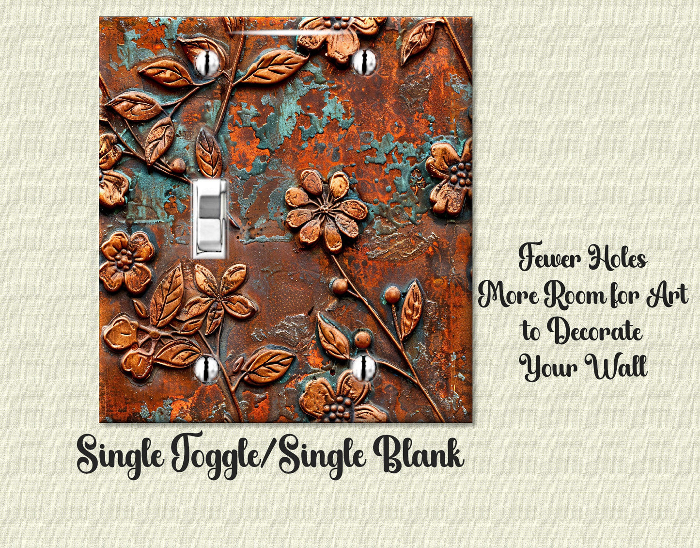 Rustic Copper Floral Print | Switch Plate Cover | Embossed Flowers Print w/Green Patina, Wall Art Decor | Farmhouse Wall Plate, Outlet Cover