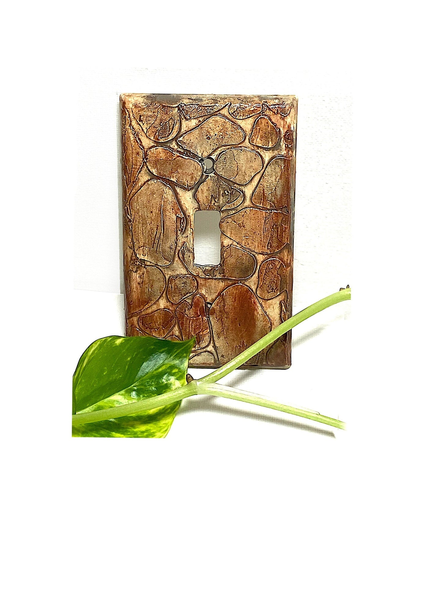 Handcrafted Natural Brown Stone Textured Switch Plate-Mixed Media Outlet Cover for Kitchen, Bathroom, Bedroom-Sculpted and Painted Artistry