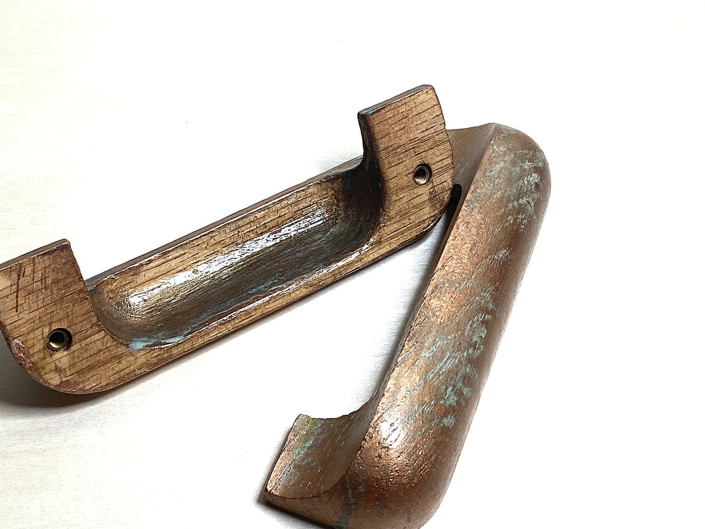 Verdigris Elegance: Hand-Painted Oak Cup Pulls with Faux Copper Finish, Blue/Green Patina | Perfect for Cabinets & Drawers, Kitchen Handles