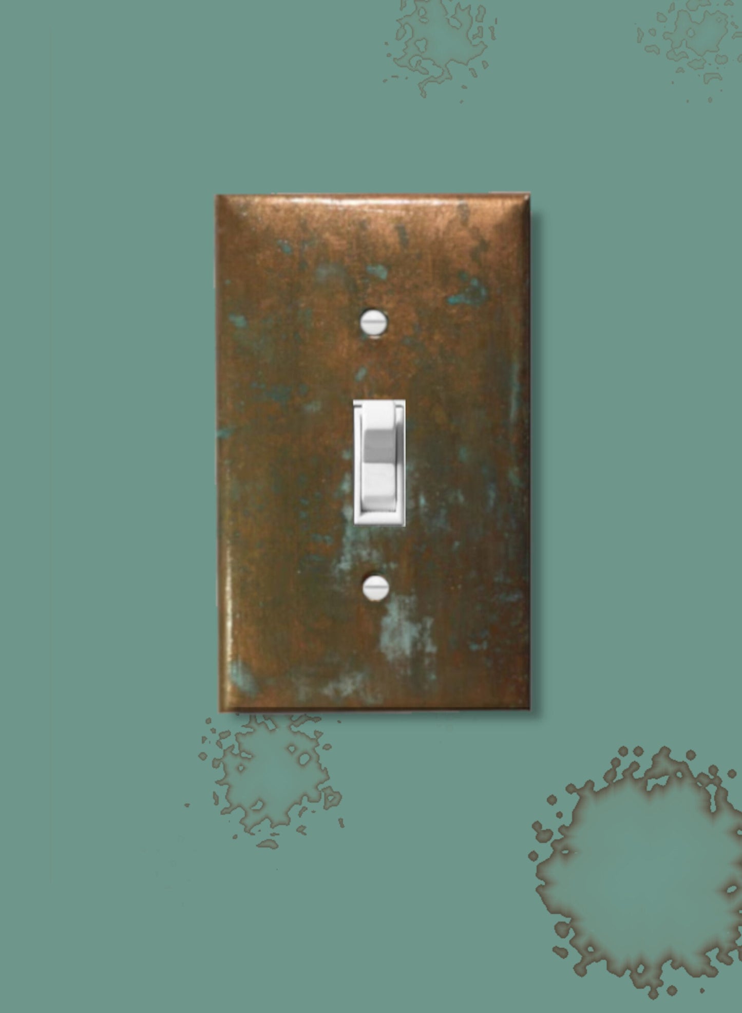 Handcrafted Switch Plate Covers: Simulated Aged Copper with Blue-Green Verdigris Patina - Metal or Plastic-Duplex-Outlet Light Switch Covers