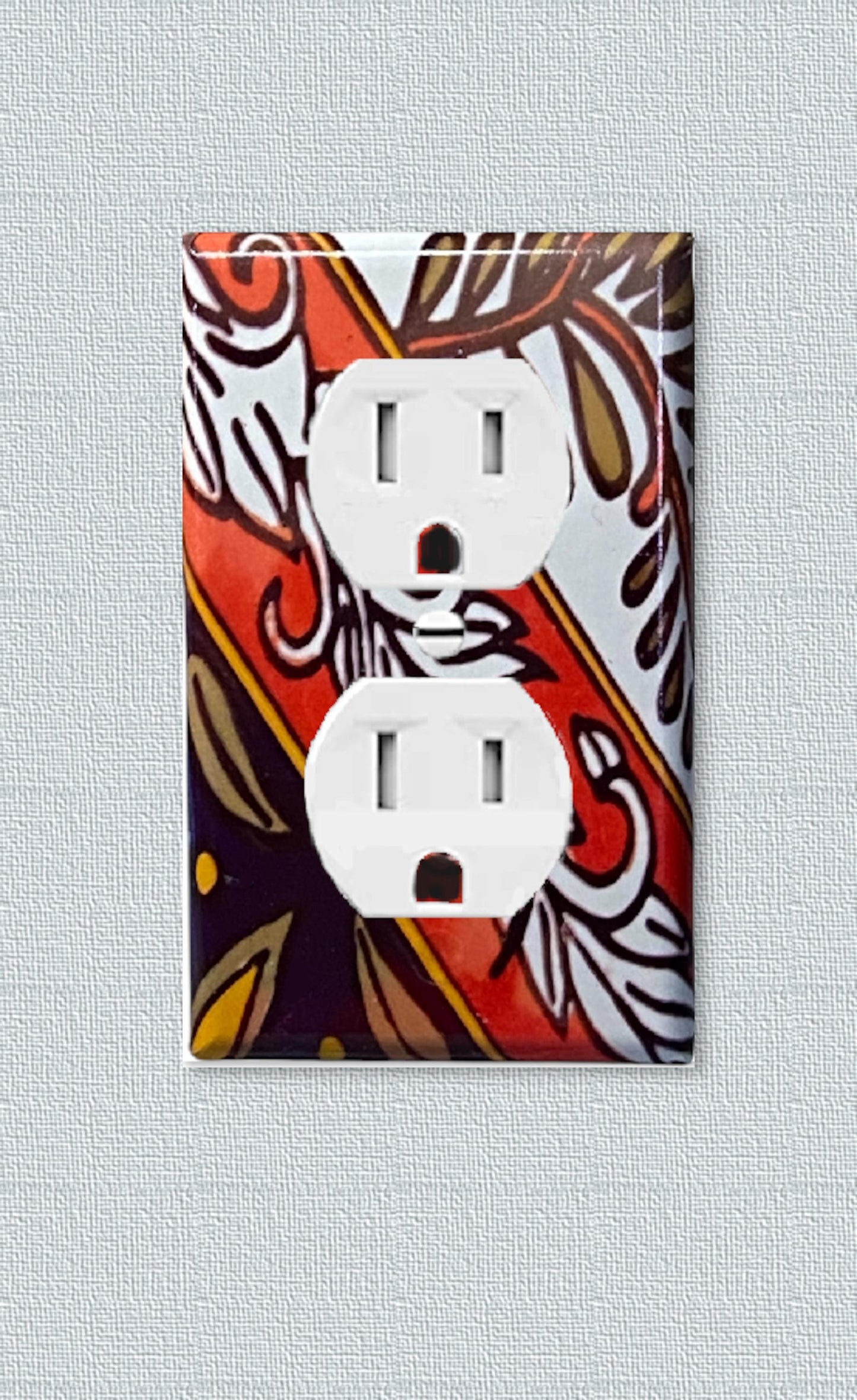 Talavera-Inspired Decorative Light Switch Cover from Mexican Tile Art – Orange, Brown, & White Accent for Walls, Backsplash, or Home Decor