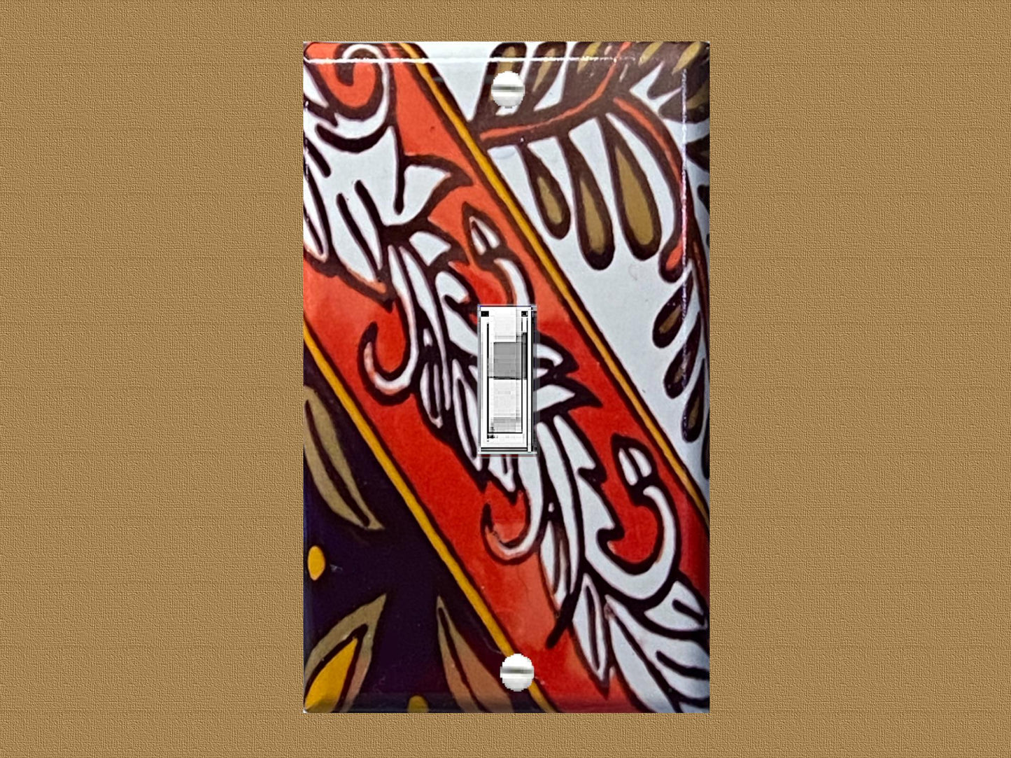 Talavera-Inspired Decorative Light Switch Cover from Mexican Tile Art – Orange, Brown, & White Accent for Walls, Backsplash, or Home Decor